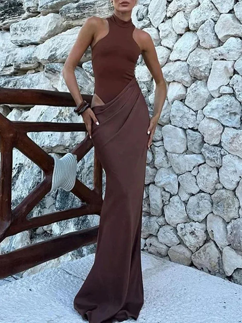 Mock Neck Sleeveless Side Cutout Asymmetric Drape Maxi Gown 4