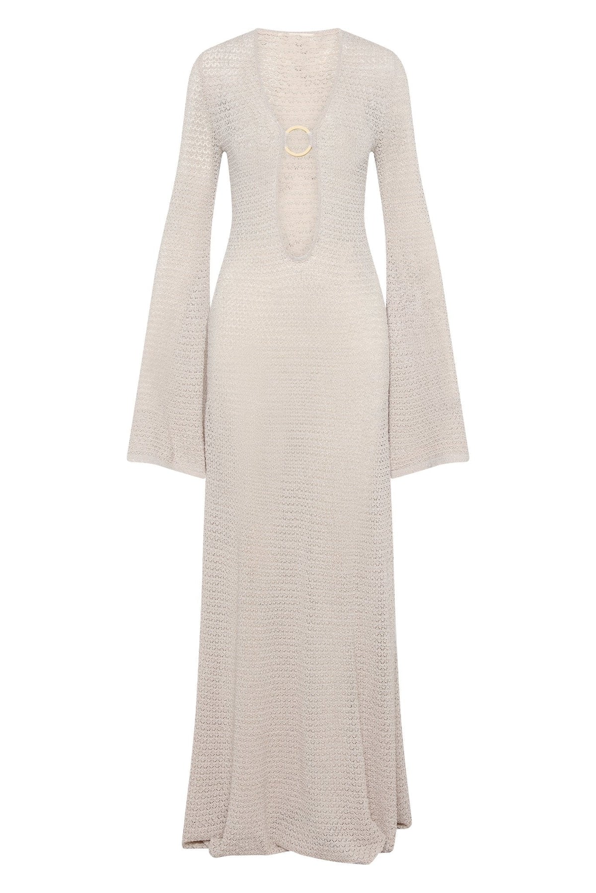 Crochet Knit Plunging V-Neck Ring Hardware Midriff Cutout Bell Sleeve Maxi Dress 7