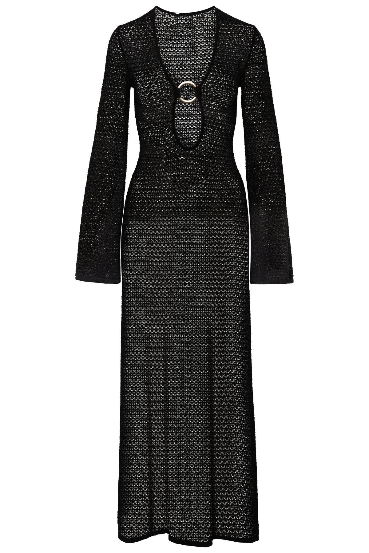 Crochet Knit Plunging V-Neck Ring Hardware Midriff Cutout Bell Sleeve Maxi Dress 12