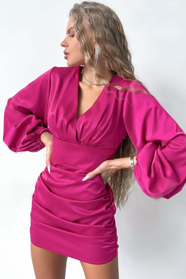 Deep V Surplice Bishop Sleeve Ruched Bodycon Mini Dress