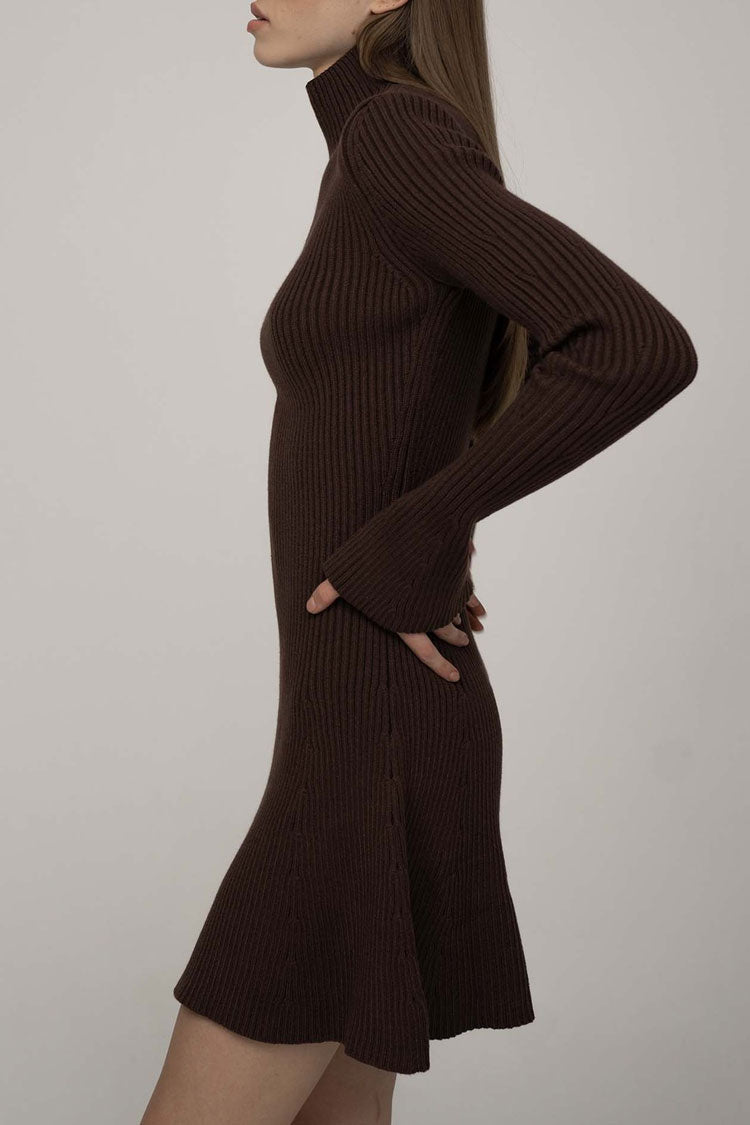 Mock Neck Rib Knit Flared Cuff Belted A-Line Long Sleeve Mini Dress 2