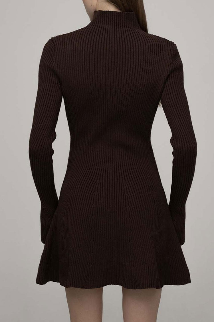 Mock Neck Rib Knit Flared Cuff Belted A-Line Long Sleeve Mini Dress 3