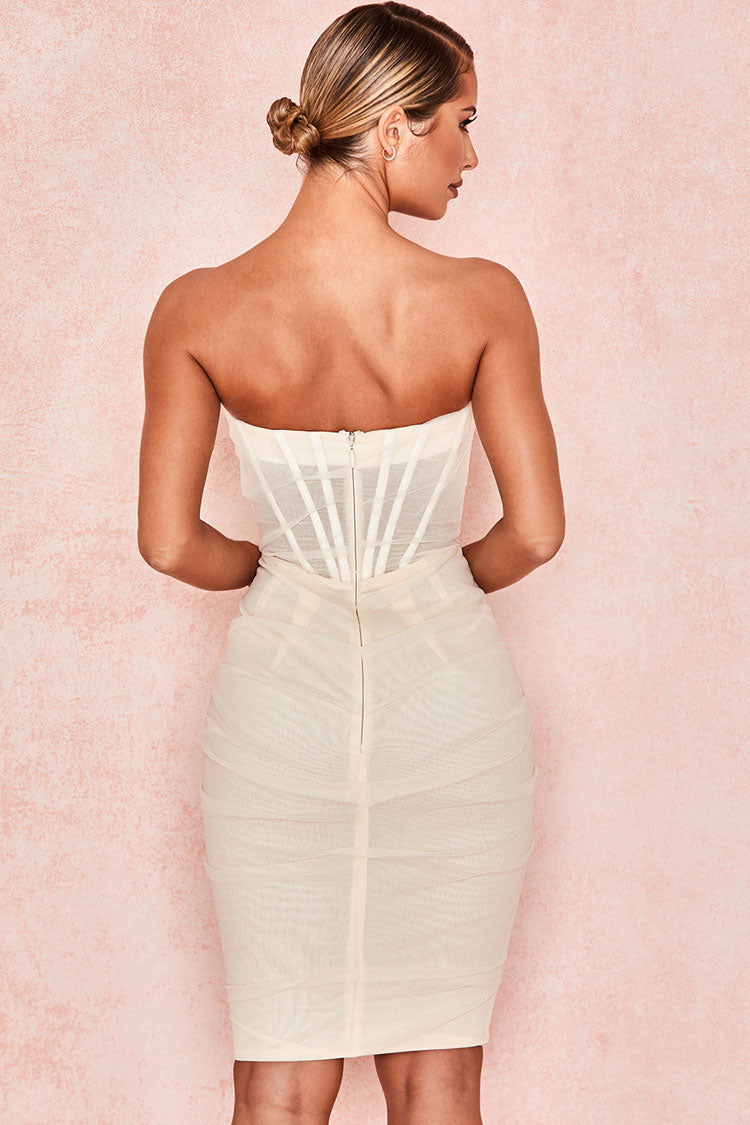 Strapless Corset Boned Sweetheart Mesh Overlay Ruched Bodycon Midi Dress 3