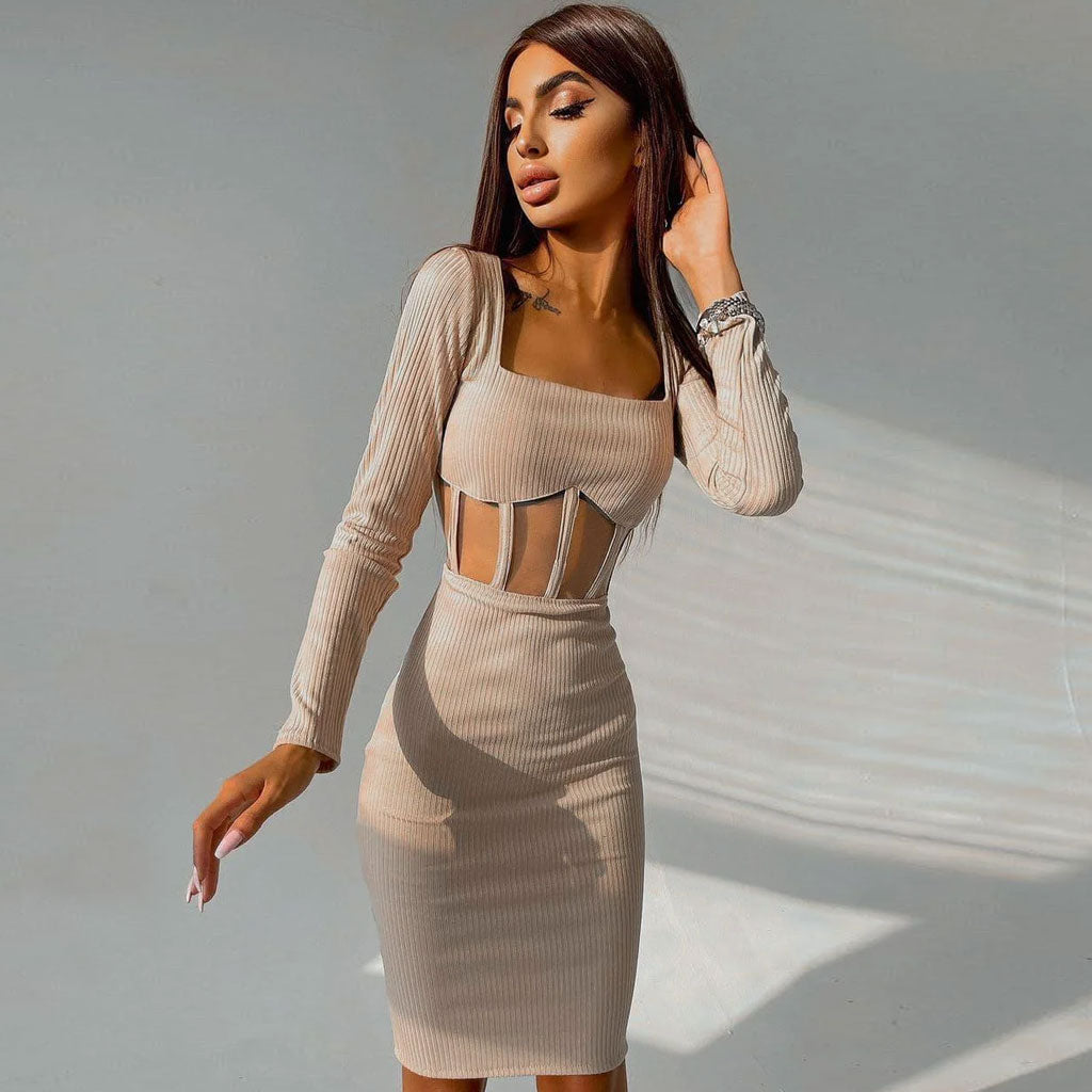 Square Neck Long Sleeve Mesh Panel Rib Knit Midi Dress 3
