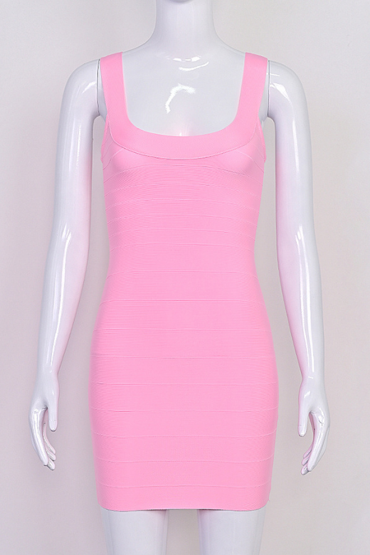 Blush Pink Scoop Neck Wide Strap Panel Bandage Bodycon Mini Dress 6
