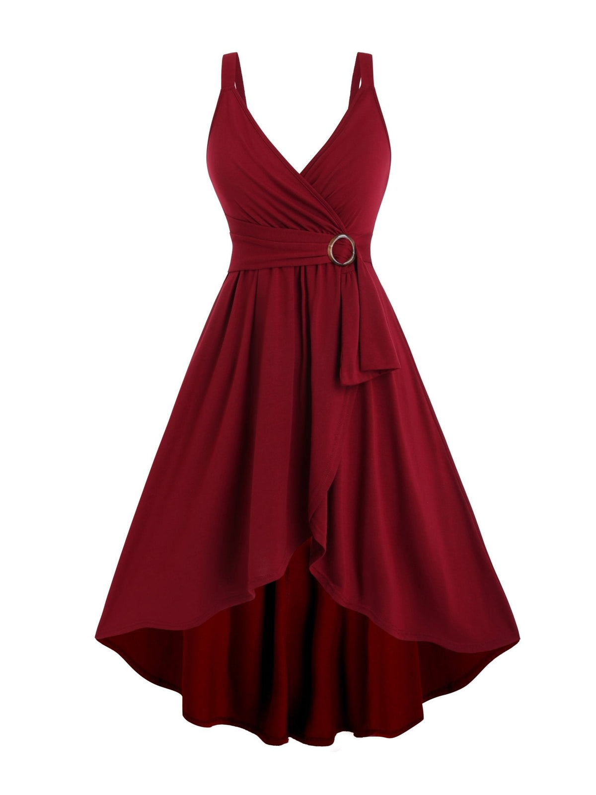 Surplice V-Neck Ring Detail Sash Belt High-Low A-Line Sleeveless Dress 4