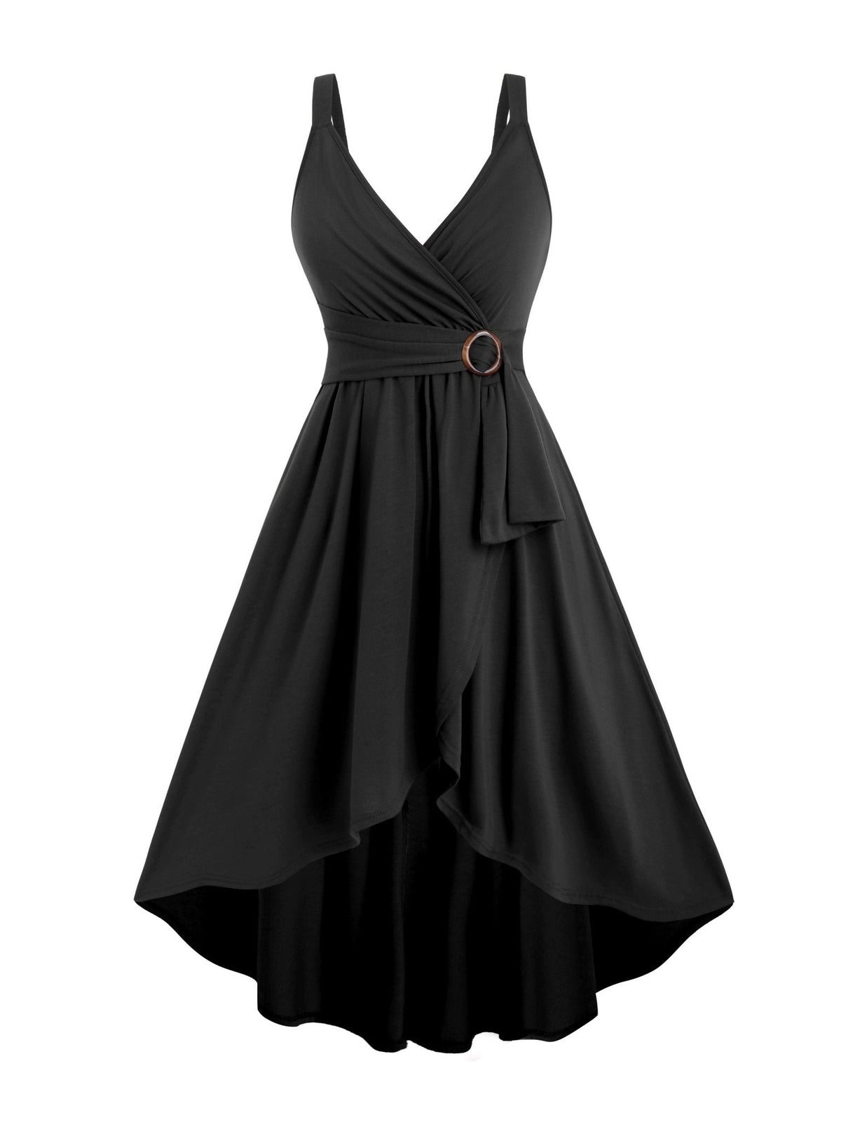 Surplice V-Neck Ring Detail Sash Belt High-Low A-Line Sleeveless Dress 3