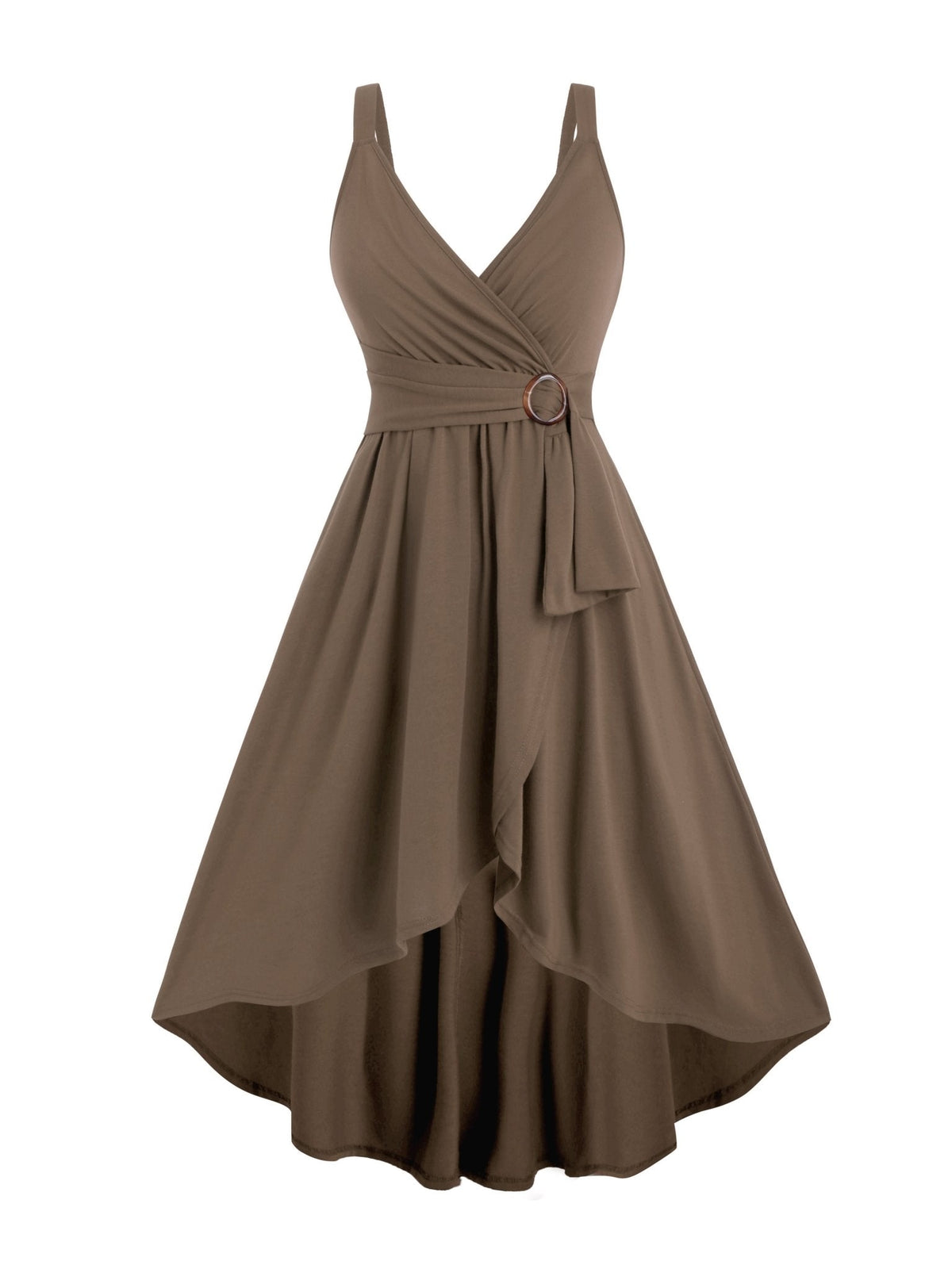 Surplice V-Neck Ring Detail Sash Belt High-Low A-Line Sleeveless Dress 2