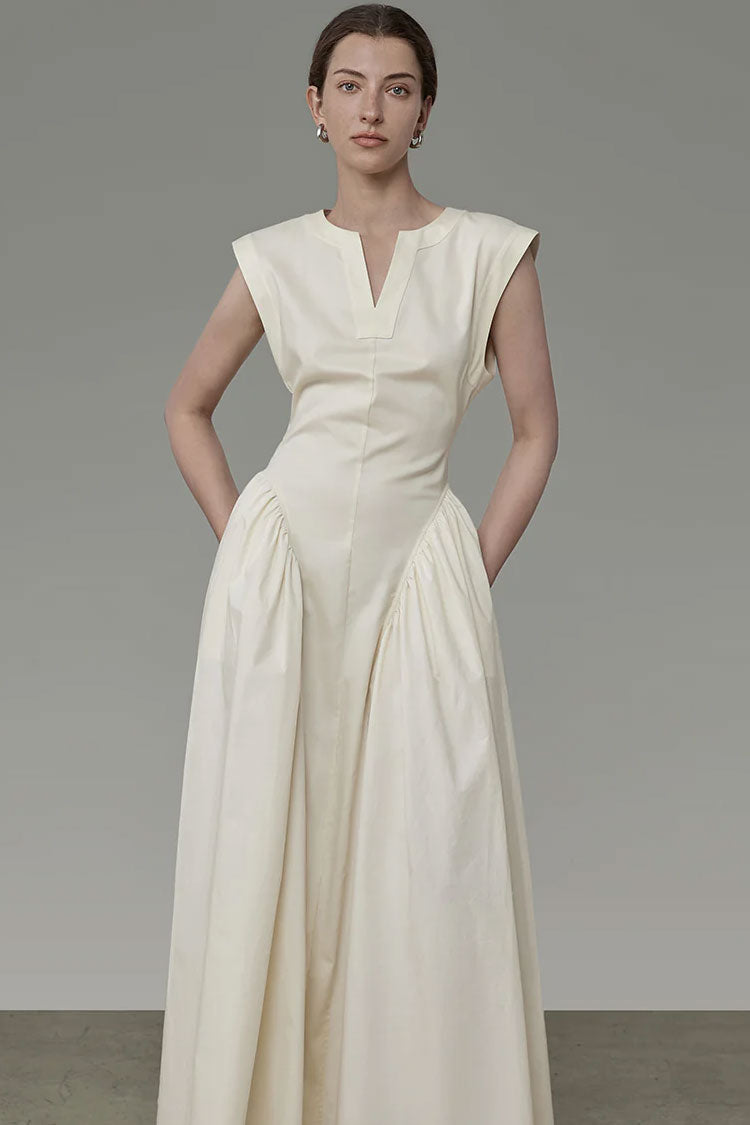 V-Neck Collar Sleeveless Drop Waist Gathered Pleat Panel Midi Dress 2