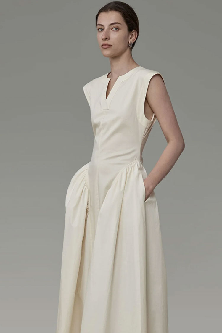 V-Neck Collar Sleeveless Drop Waist Gathered Pleat Panel Midi Dress 3
