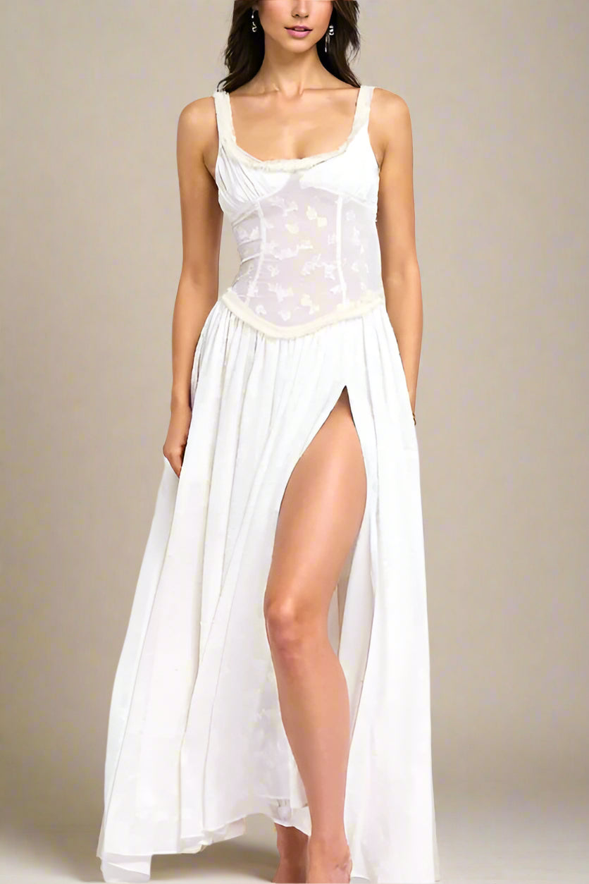 Pearl White Lace Panel Bustier Basque Waist High Split Flowy Maxi Dress