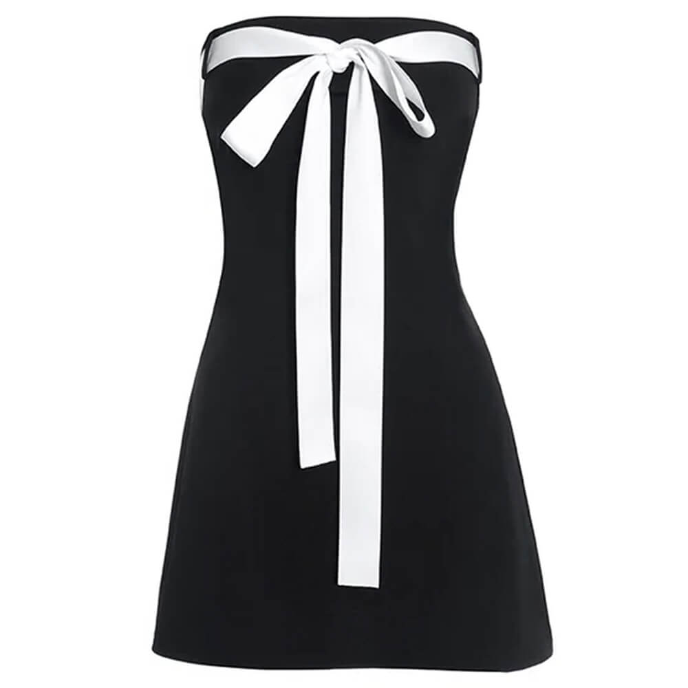 Strapless Contrast Bow Ribbon Tail Mini Dress