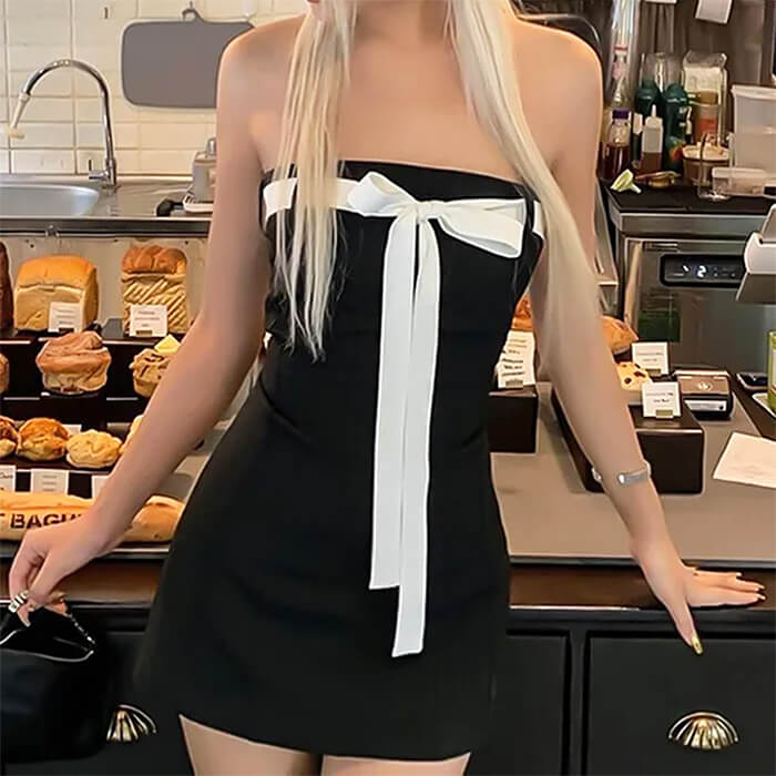 Strapless Contrast Bow Ribbon Tail Mini Dress 3
