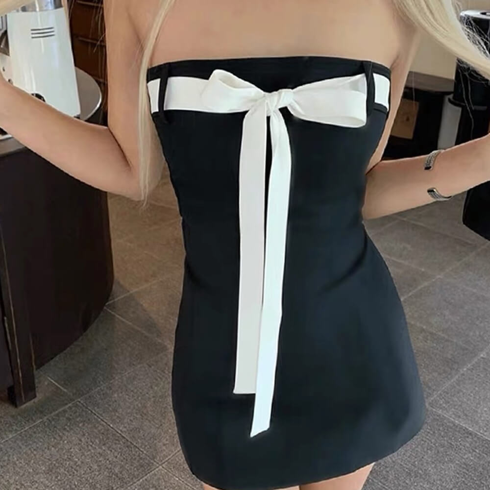 Strapless Contrast Bow Ribbon Tail Mini Dress 5