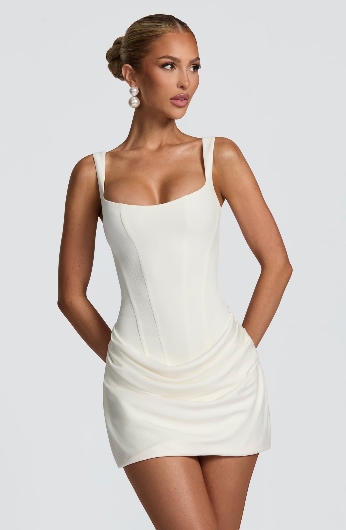 Corset Bodice Square Neck Draped Ruched Waist Mini Dress 5