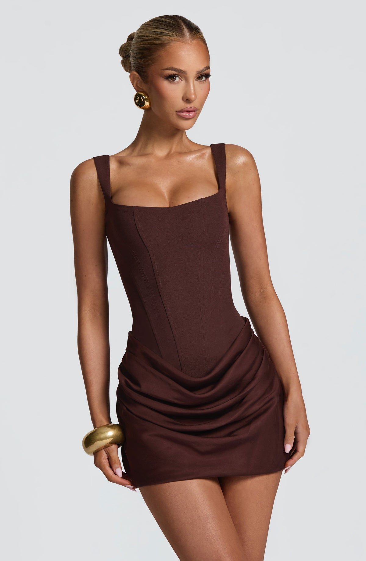 Corset Bodice Square Neck Draped Ruched Waist Mini Dress