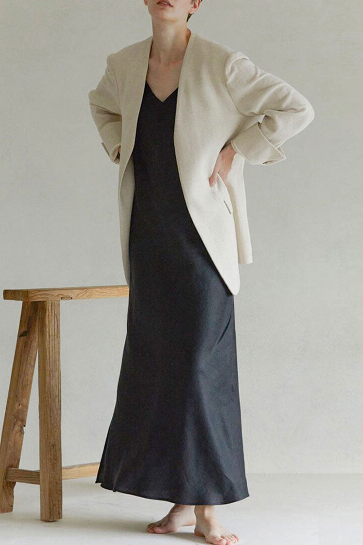 V-Neck Spaghetti Strap Linen Side Slit Column Maxi Sundress 2
