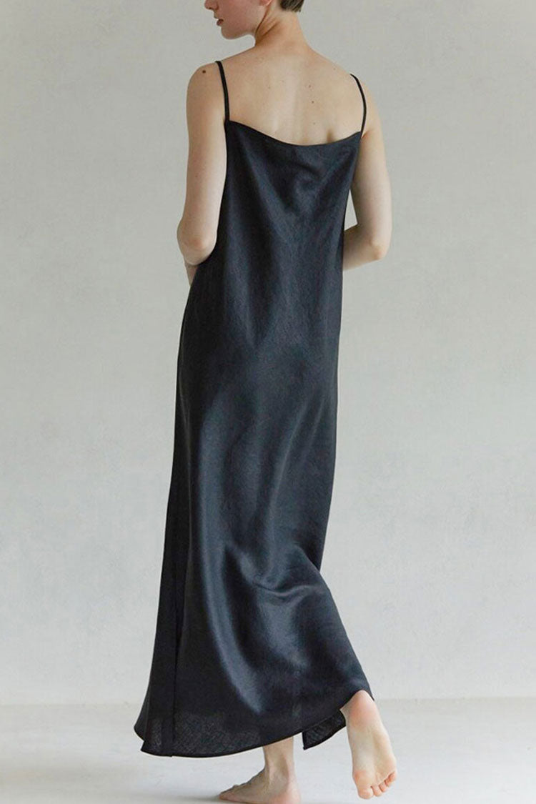 V-Neck Spaghetti Strap Linen Side Slit Column Maxi Sundress 3