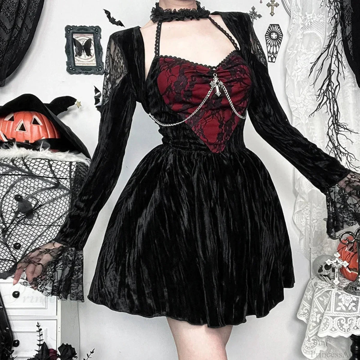 Gothic Lace Velvet Halter Choker Cross Chain Bell Sleeve Mini Dress