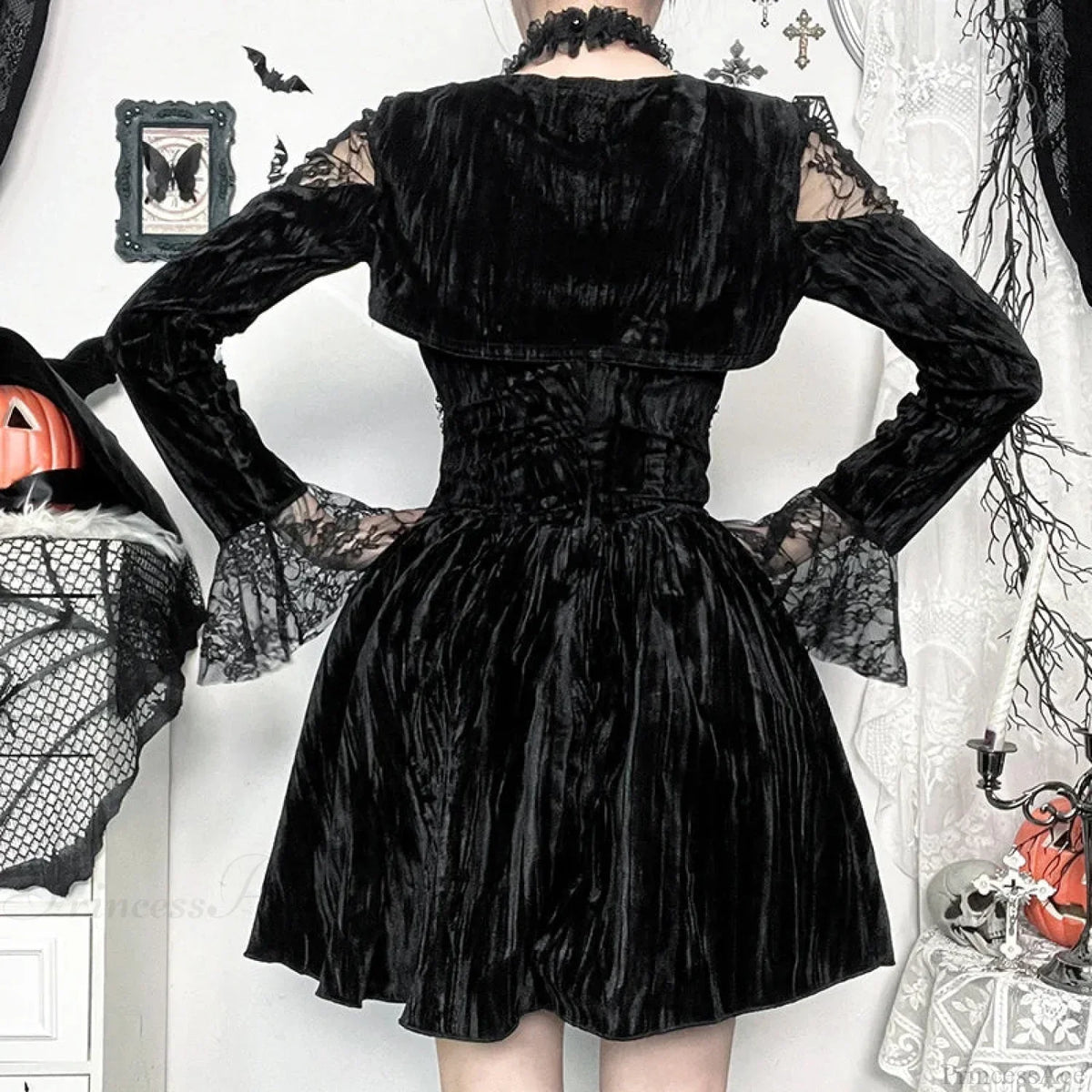 Gothic Lace Velvet Halter Choker Cross Chain Bell Sleeve Mini Dress 2