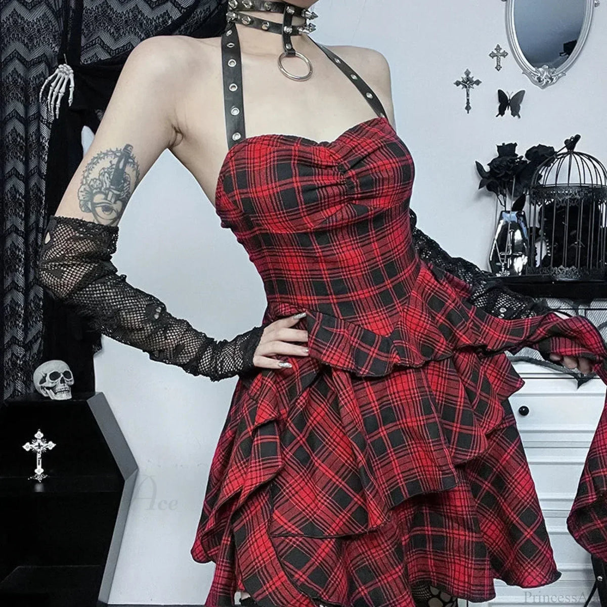 Tartan Plaid Halter Faux Leather Strap Tiered Ruffle Mini Dress