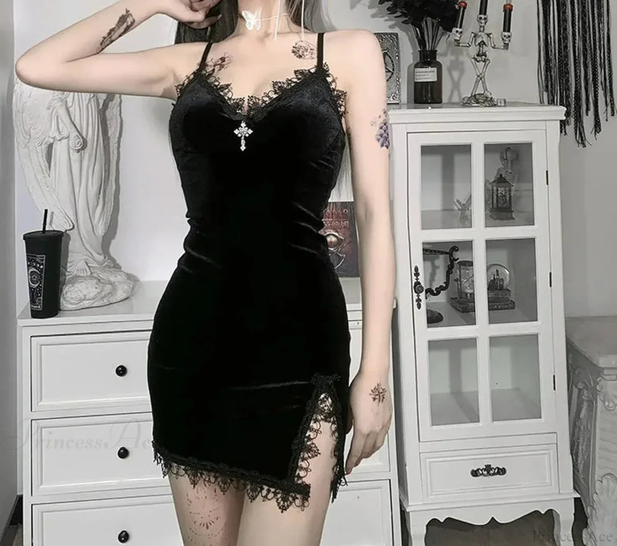 Velvet Lace Trim Cross Pendant Spaghetti Strap Side Slit Mini Dress