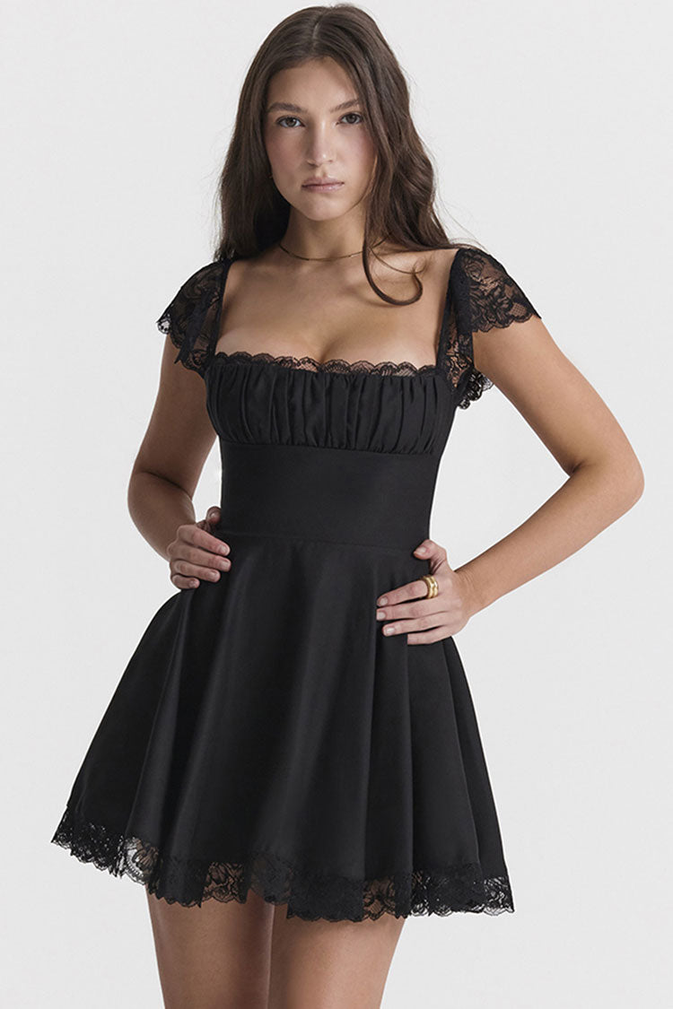Square Neck Ruched Bust Lace Cap Sleeve High Waist Lace Hem Fit and Flare Mini Dress 2