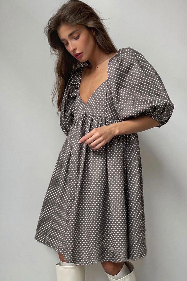 V Neck Puff Sleeve Polka Dot Lace Trim Babydoll Mini Dress 2