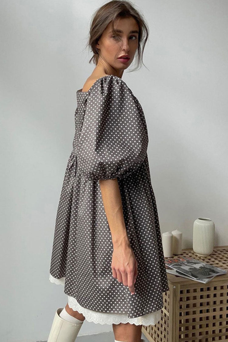 V Neck Puff Sleeve Polka Dot Lace Trim Babydoll Mini Dress 3