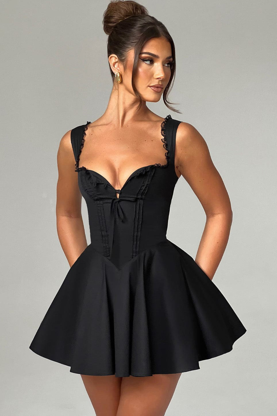 Lace Trim Square Neck Corset Bow Detail Fit and Flare Mini Dress 3