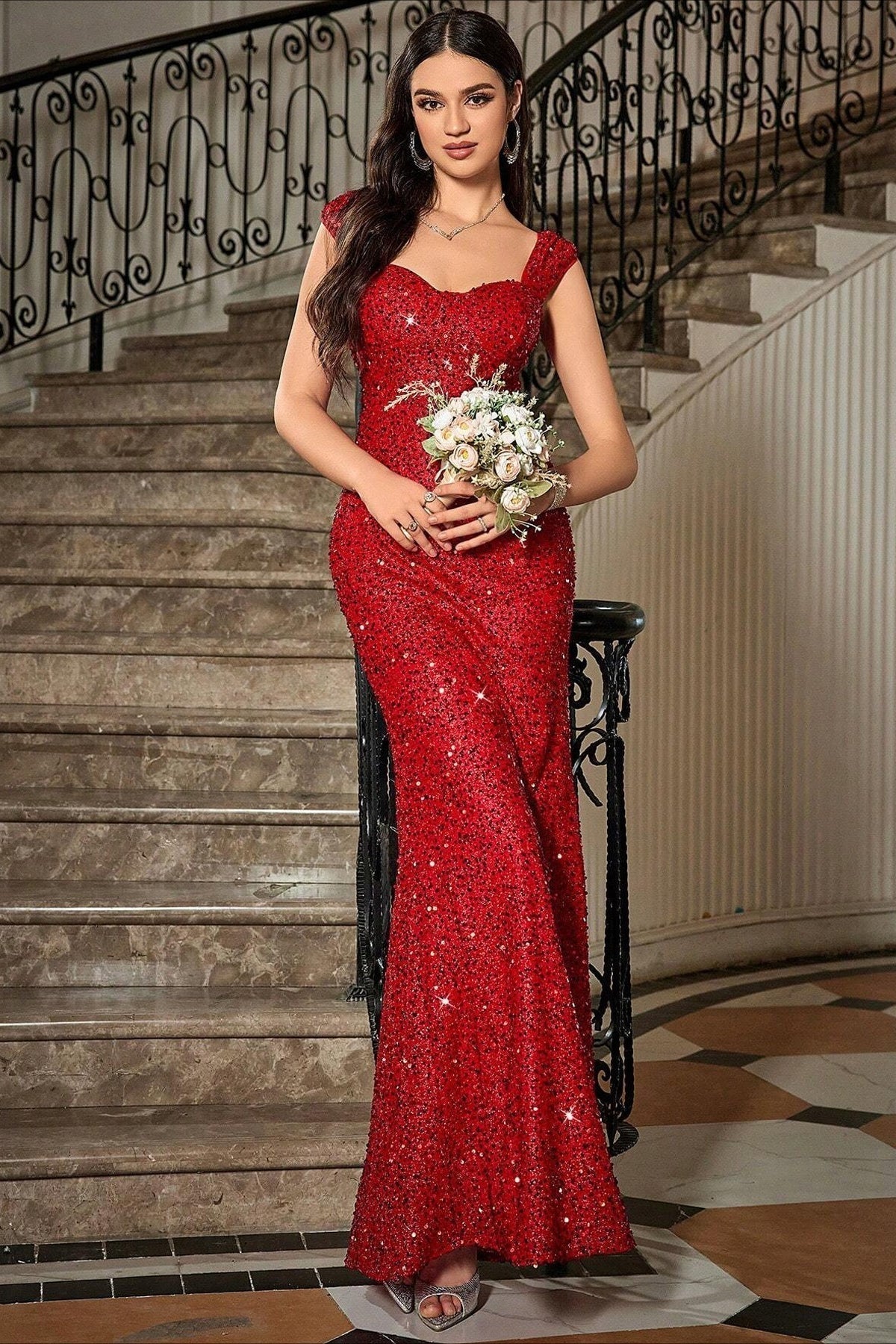 Sequin Embellished Sweetheart Cap Sleeve Mermaid Maxi Gown 16