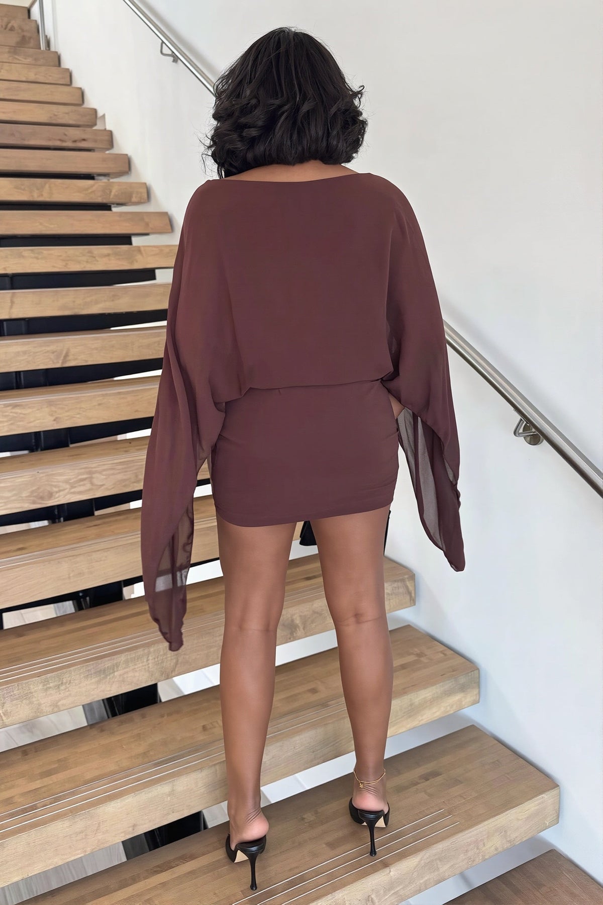 Boat Neck Sheer Batwing Cape Sleeve Draped Blouson Bodycon Mini Dress 4