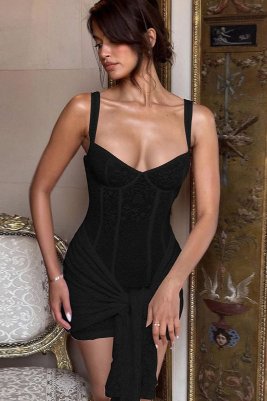 Floral Lace Bustier Corset Seam Front Knot Hip Tie Bodycon Mini Dress 9