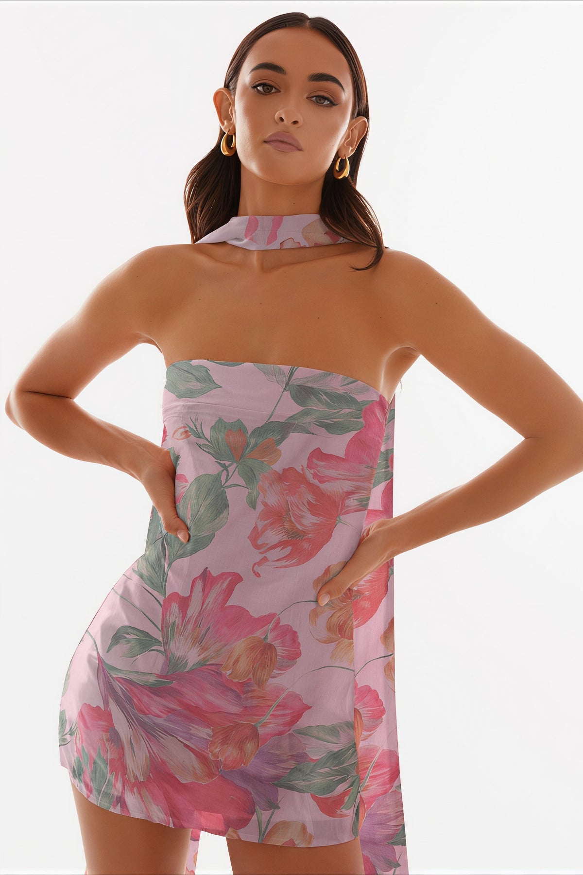 Strapless Ditsy Floral Print Matching Neck Tie Bodycon Mini Dress 4