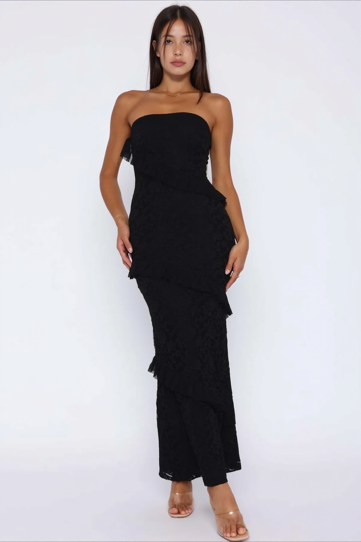Strapless Diagonal Ruffle Overlay Floral Lace Bodycon Midi Dress 4