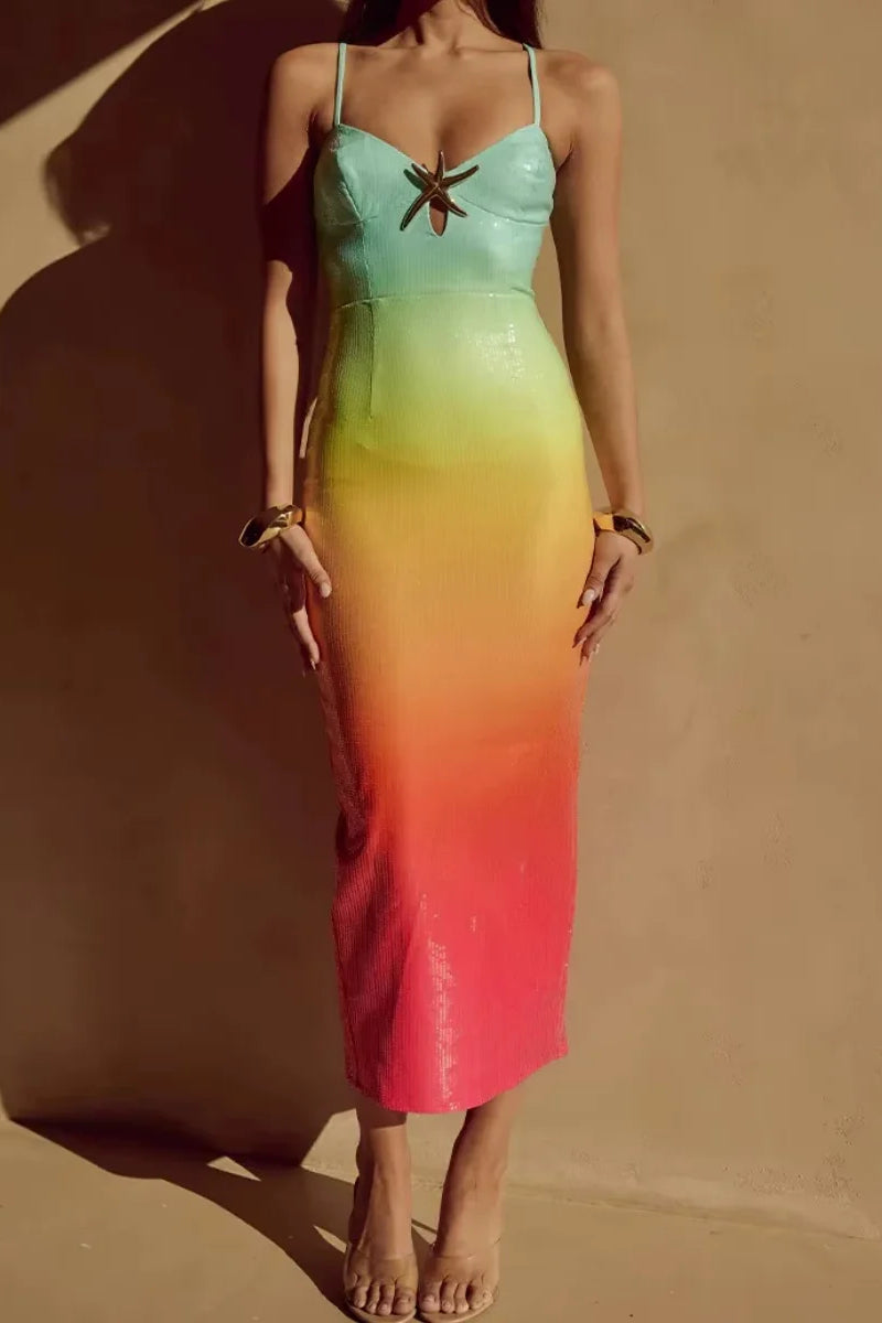 Gradient Sequin Spaghetti Strap Starfish Detail Bodycon Maxi Dress 8