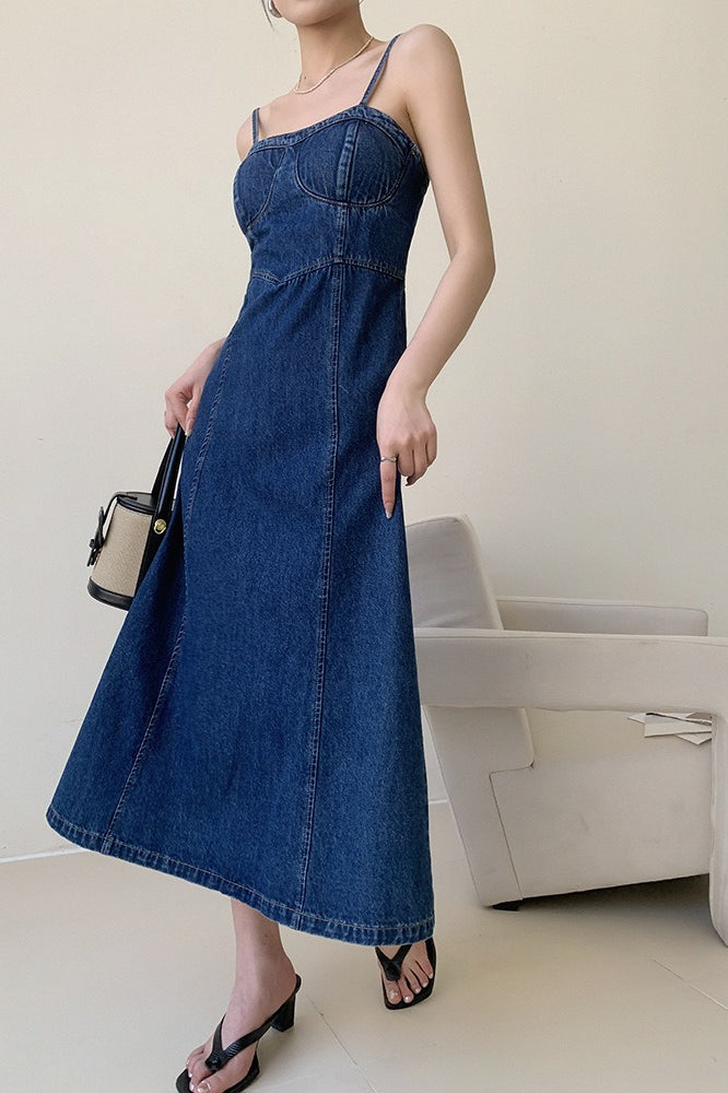Denim Bustier Spaghetti Strap Panel Seam A-Line Midi Dress 4
