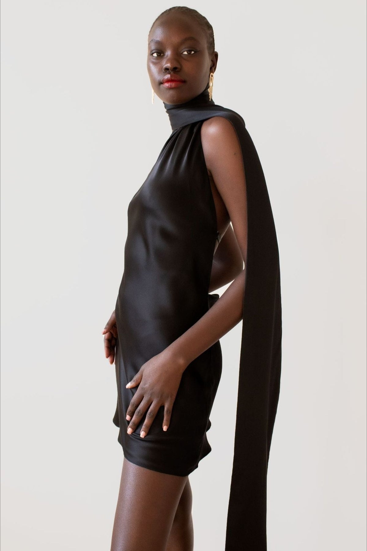 Halter Neck Sash Scarf Draped Satin Backless Mini Dress 5