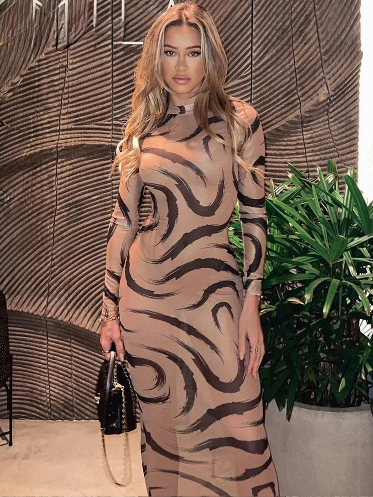 Mock Neck Long Sleeve Abstract Swirl Print Bodycon Maxi Dress 3