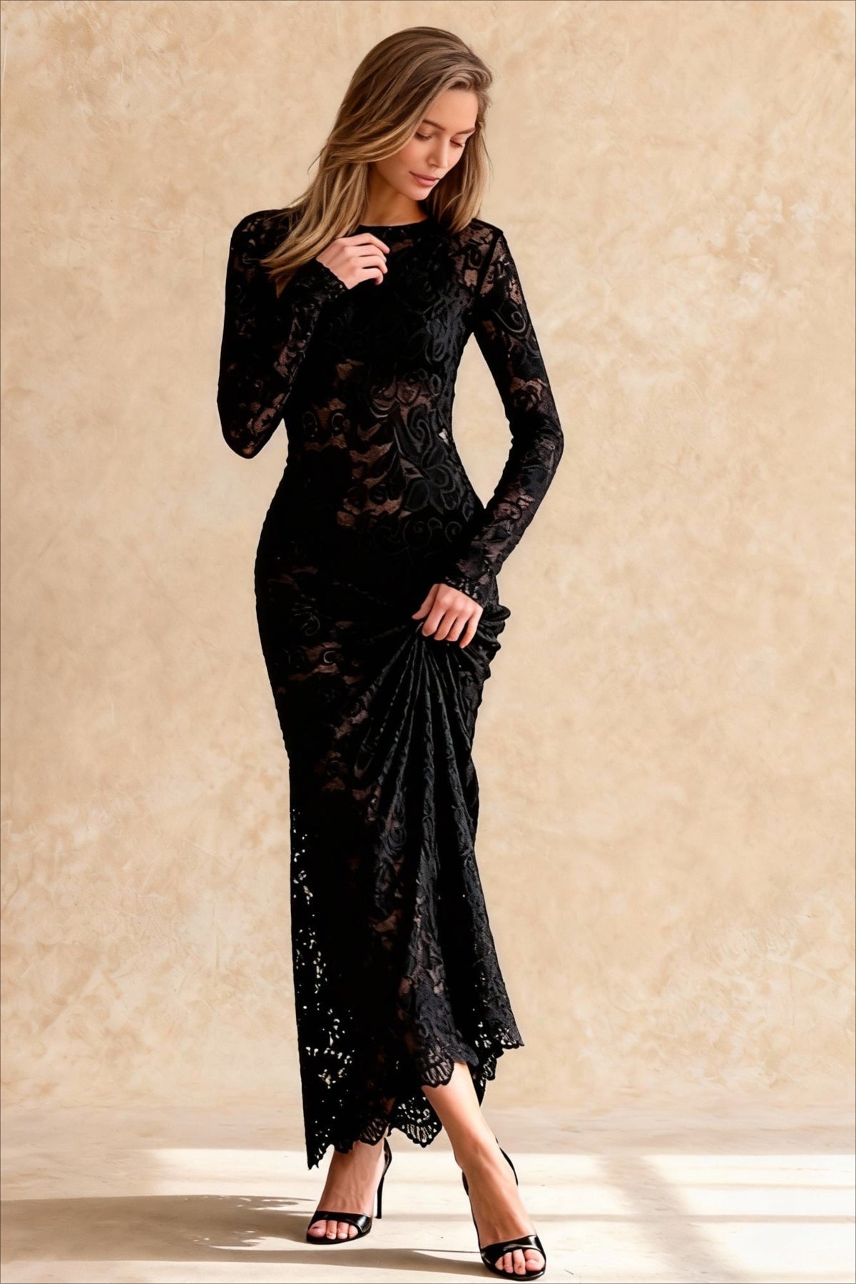 Floral Lace Long Sleeve Crew Neck Sheath Maxi Gown 2