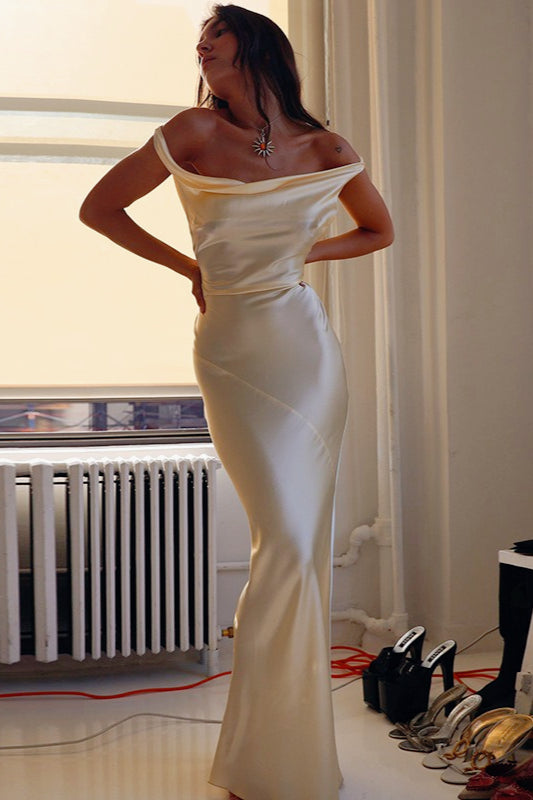 Satin Off Shoulder Cowl Neck Ruched Waist Bodycon Maxi Dress 2