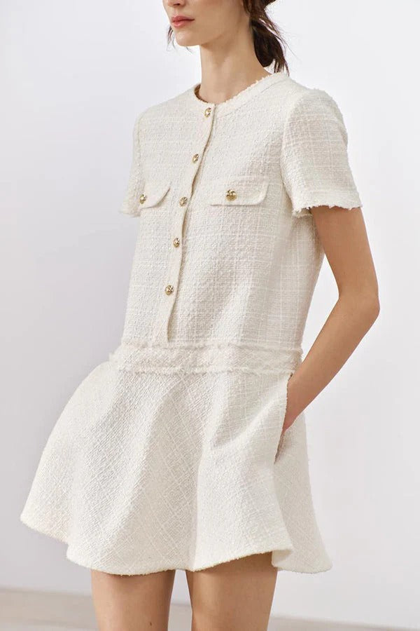 Metal Button Short Sleeve Round Neck Tweed Fit-and-Flare Mini Dress 5