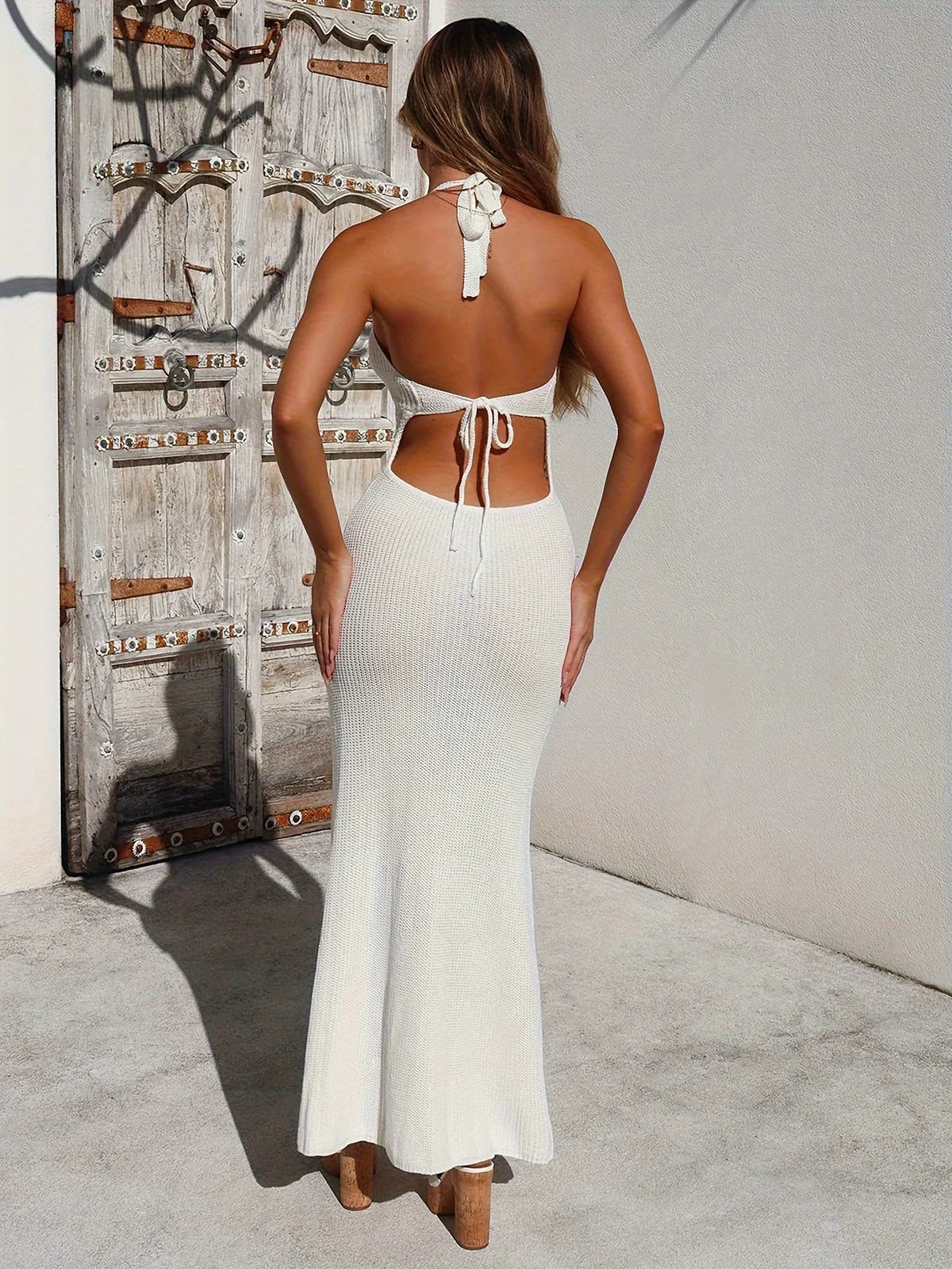 Halter Deep V Neck Tie Front Crochet Waist Panel Rib Knit Maxi Dress 2
