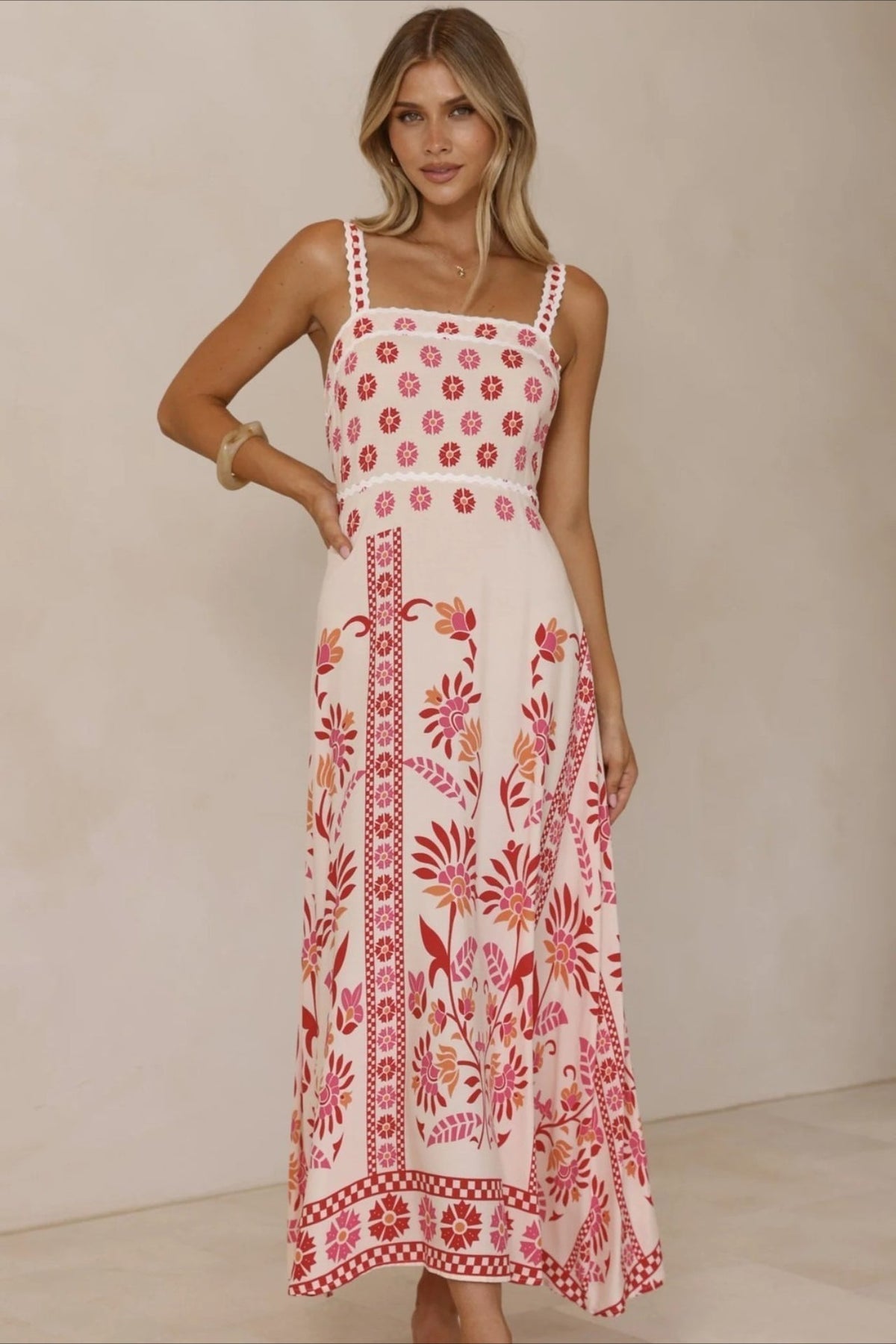 Scalloped Trim Square Neck Panel Print Border Hem Maxi Dress 4