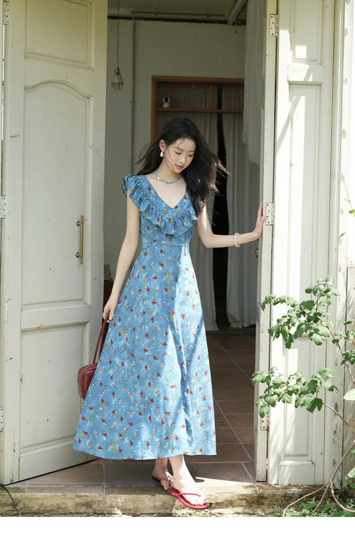 Floral Print Ruffle Trim V-Neck Cap Sleeve Fit and Flare Maxi Summer Dress 7