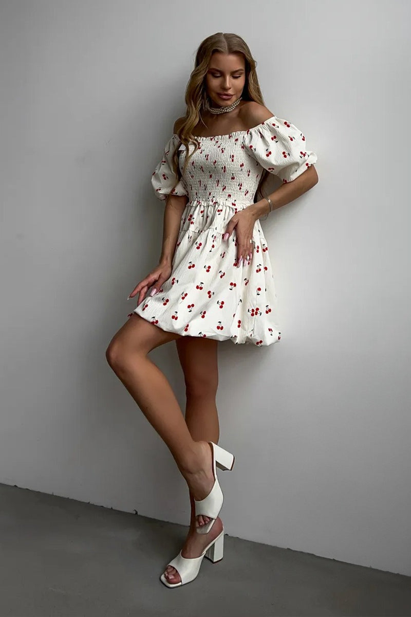 Fruit Print Smocked Off Shoulder Puff Sleeve Tiered Mini Dress 5