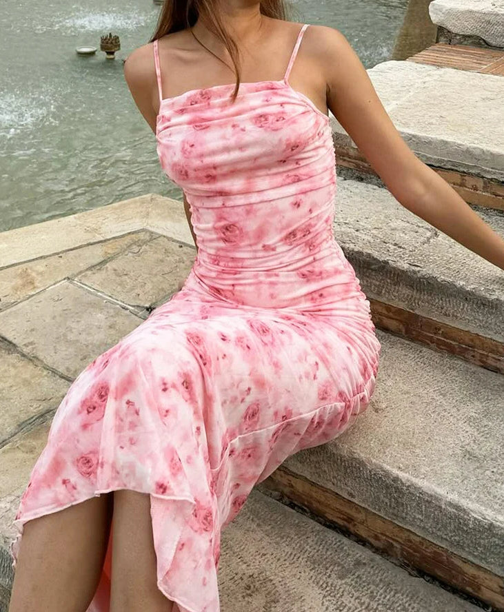 Ruched Floral Print Square Neck Spaghetti Strap Bodycon Midi Dress 2