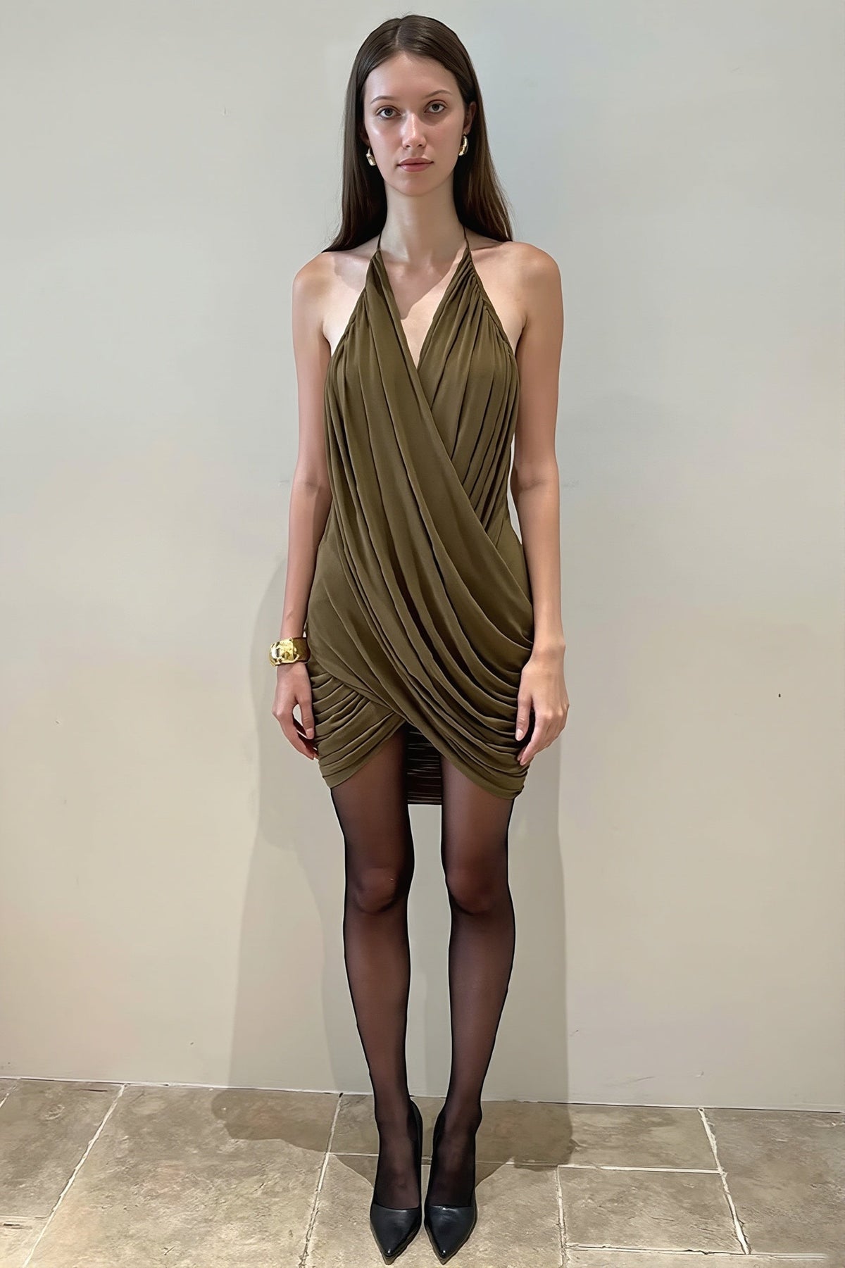 Ruched Draped Halter Plunge V-Neck Wrap Mini Dress 4