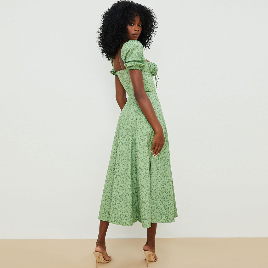Daisy Print Milkmaid Puff Sleeve Square Neck Lace-Up Front Thigh Slit Midi Dress 4