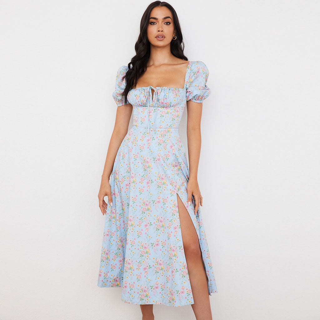 Botanical Print Milkmaid Puff Sleeve Square Neck Lace-Up Front Thigh Slit Midi Dress 2